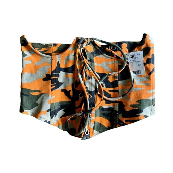 Akira Sexy Orange Camo Lace Up Front Zip Back Corset Bustier Top Size Small New - Picture 1 of 9